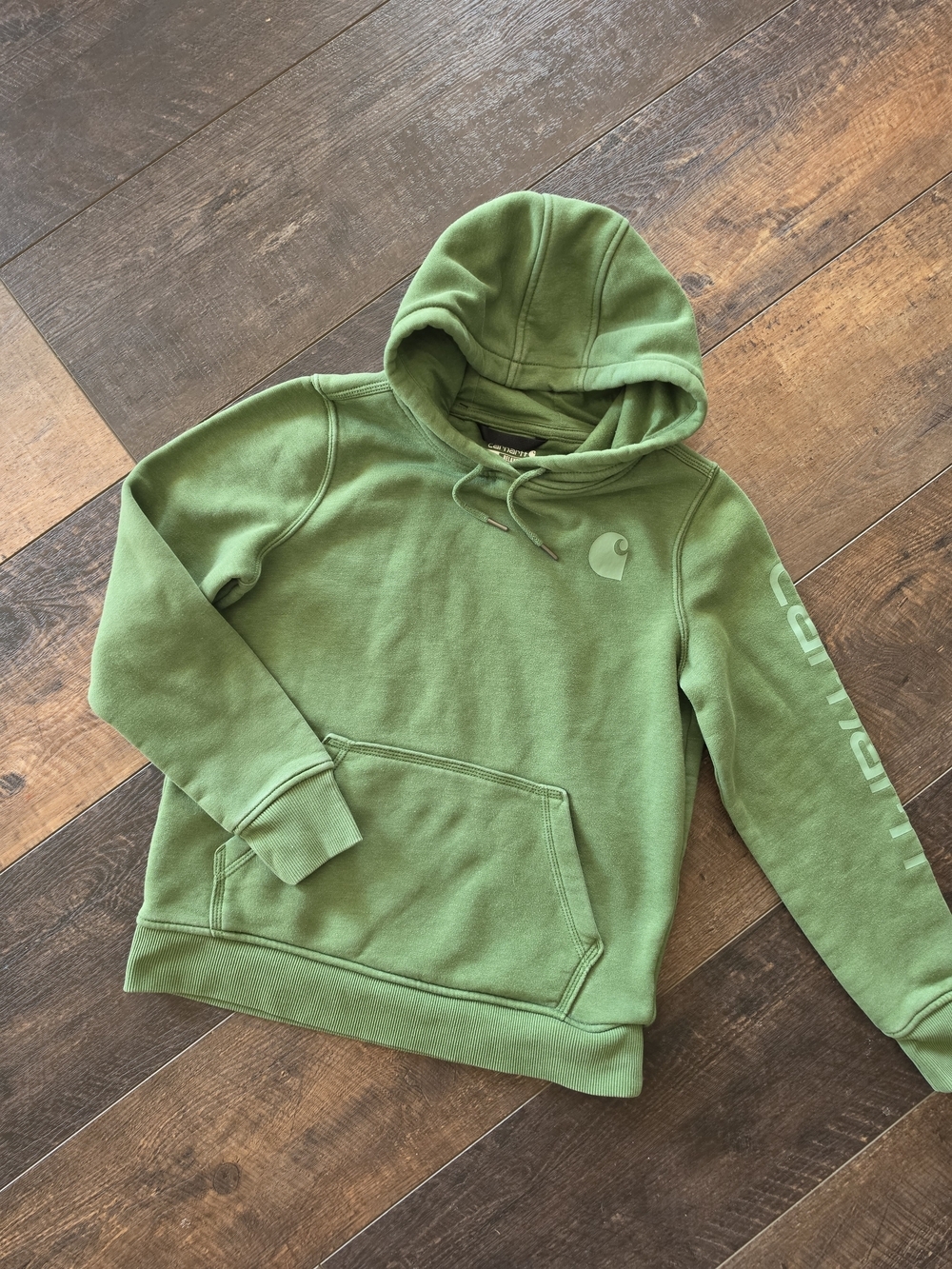 Carhartt Women’s Green Logo Sleeve Hoodie Sweatshirt Relaxed Fit Size Small